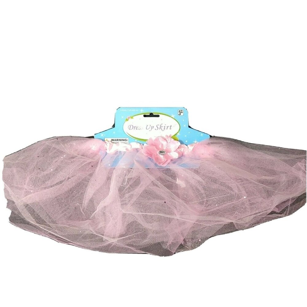 Girls Costume Dress Up Skirt Tutu Mesh Pink Flower Sparkly One Size Age 3 and Up